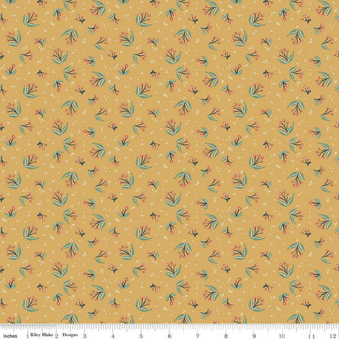 Image of Ivy Reese Berry Branches Golden quilting cotton fabric by Deena Rutter for Riley Blake Designs. Features berries on a yellow background. Cute Little Fabric Shop