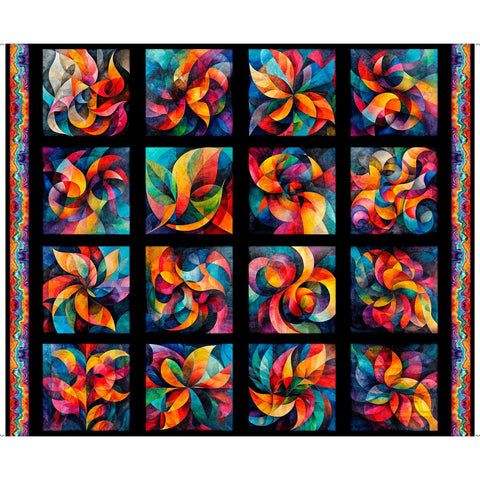 Bedazzled Fractal Block Patches Panel 31121 Black J - by QT Fabrics - Abstract Geometric Swirl - Quilting Cotton Fabric