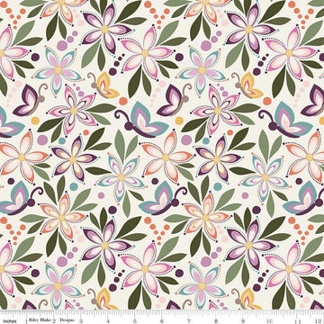 Image of Juju's Petals Main Cream quilting cotton fabric by Judi Madsen for Riley Blake Designs. Features flowers on an off-white background. Cute Little Fabric Shop