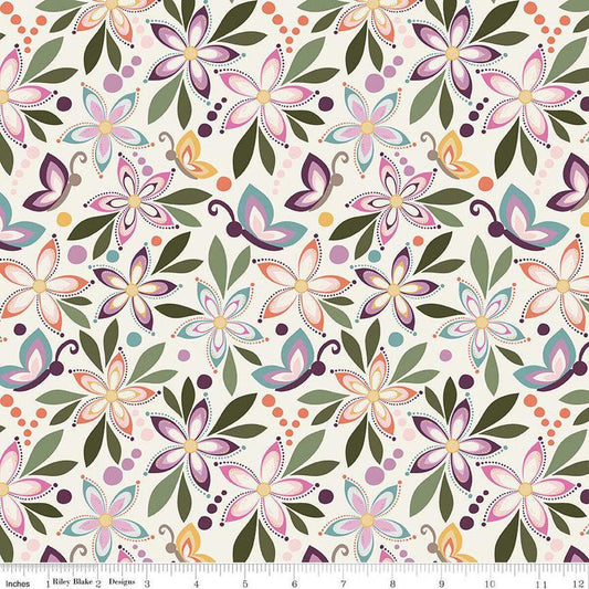 Image of Juju's Petals Main Cream quilting cotton fabric by Judi Madsen for Riley Blake Designs. Features flowers on an off-white background. Cute Little Fabric Shop