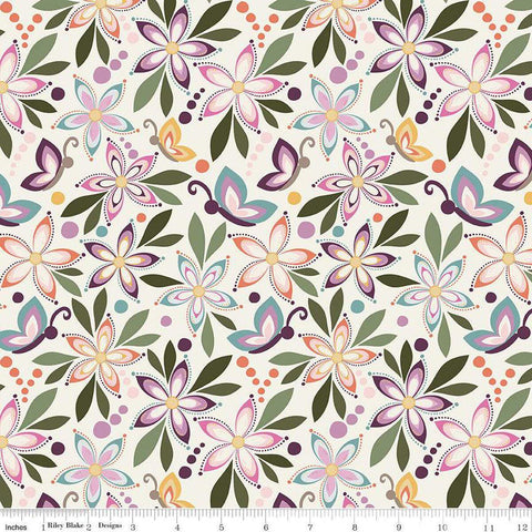 Image of Juju&#39;s Petals Main Cream quilting cotton fabric by Judi Madsen for Riley Blake Designs. Features flowers on an off-white background. Cute Little Fabric Shop
