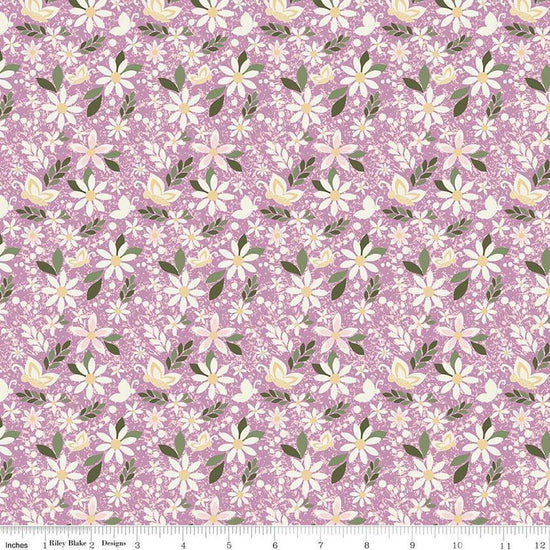 Image of Juju's Petals Dance Lilac quilting cotton fabric by Judi Madsen for Riley Blake Designs. Features flowers on a purple background. Cute Little Fabric Shop