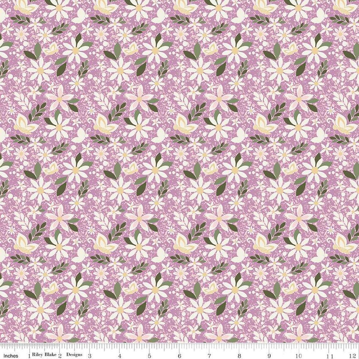 Image of Juju's Petals Dance Lilac quilting cotton fabric by Judi Madsen for Riley Blake Designs. Features flowers on a purple background. Cute Little Fabric Shop