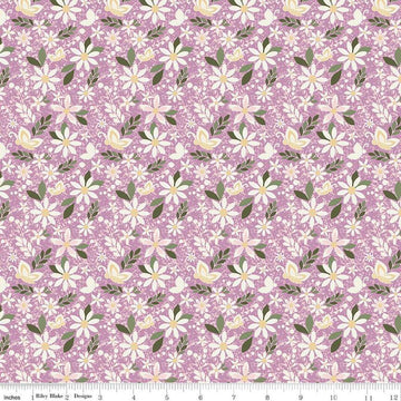 Image of Juju's Petals Dance Lilac quilting cotton fabric by Judi Madsen for Riley Blake Designs. Features flowers on a purple background. Cute Little Fabric Shop
