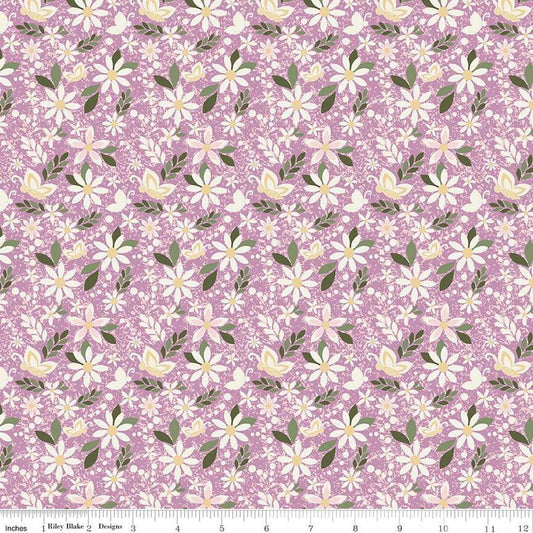 Image of Juju's Petals Dance Lilac quilting cotton fabric by Judi Madsen for Riley Blake Designs. Features flowers on a purple background. Cute Little Fabric Shop