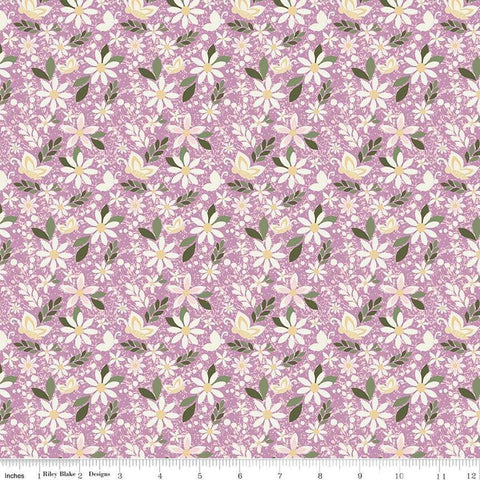Image of Juju&#39;s Petals Dance Lilac quilting cotton fabric by Judi Madsen for Riley Blake Designs. Features flowers on a purple background. Cute Little Fabric Shop