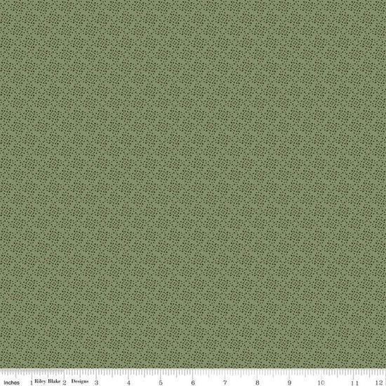 Image of Juju's Petals Dots Green quilting cotton fabric by Judi Madsen for Riley Blake Designs. Features dots on a green background. Cute Little Fabric Shop