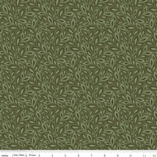 Image of Juju's Petals Leaves Green quilting cotton fabric by Judi Madsen for Riley Blake Designs. Features leaves on a green background. Cute Little Fabric Shop