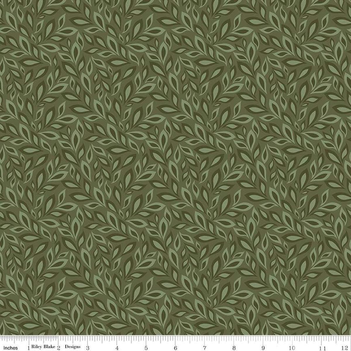 Image of Juju's Petals Leaves Green quilting cotton fabric by Judi Madsen for Riley Blake Designs. Features leaves on a green background. Cute Little Fabric Shop