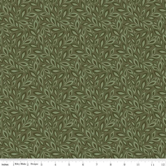 Image of Juju's Petals Leaves Green quilting cotton fabric by Judi Madsen for Riley Blake Designs. Features leaves on a green background. Cute Little Fabric Shop