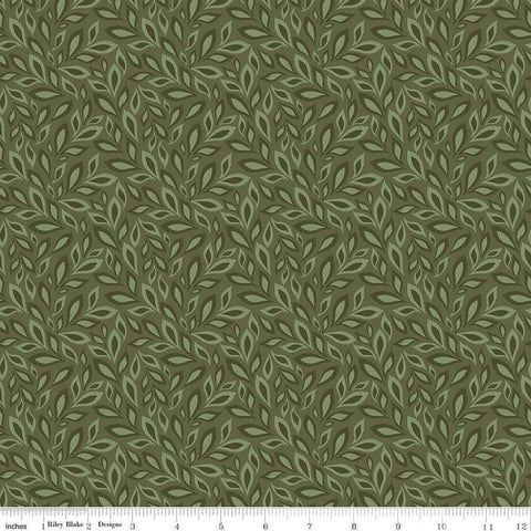 Image of Juju&#39;s Petals Leaves Green quilting cotton fabric by Judi Madsen for Riley Blake Designs. Features leaves on a green background. Cute Little Fabric Shop