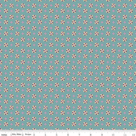 Image of Juju's Petals Calico Teal quilting cotton fabric by Judi Madsen for Riley Blake Designs. Features flowers on a blue background. Cute Little Fabric Shop