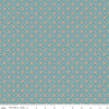 Image of Juju's Petals Calico Teal quilting cotton fabric by Judi Madsen for Riley Blake Designs. Features flowers on a blue background. Cute Little Fabric Shop