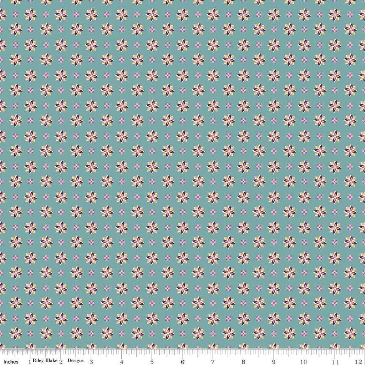 Image of Juju's Petals Calico Teal quilting cotton fabric by Judi Madsen for Riley Blake Designs. Features flowers on a blue background. Cute Little Fabric Shop