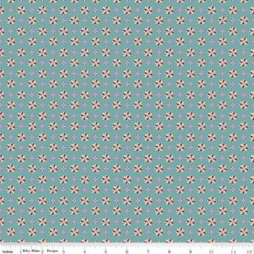 Image of Juju's Petals Calico Teal quilting cotton fabric by Judi Madsen for Riley Blake Designs. Features flowers on a blue background. Cute Little Fabric Shop