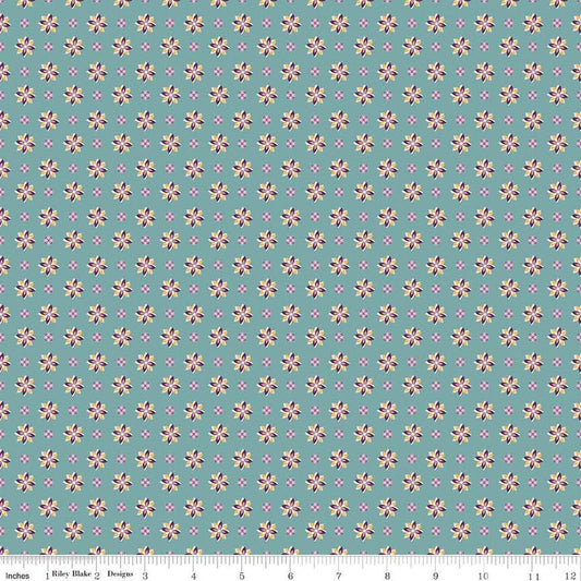 Image of Juju's Petals Calico Teal quilting cotton fabric by Judi Madsen for Riley Blake Designs. Features flowers on a blue background. Cute Little Fabric Shop