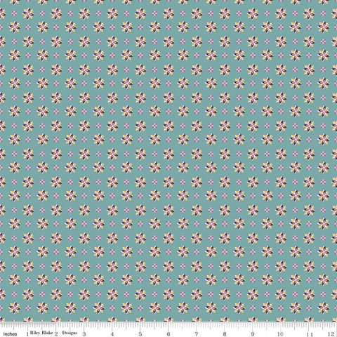 Image of Juju&#39;s Petals Calico Teal quilting cotton fabric by Judi Madsen for Riley Blake Designs. Features flowers on a blue background. Cute Little Fabric Shop