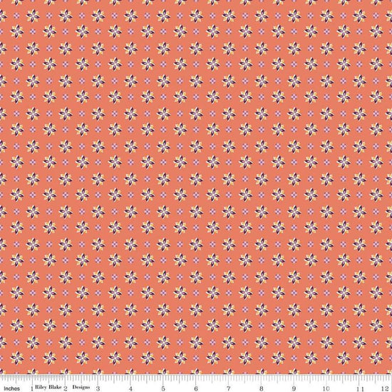 Image of Juju's Petals Calico Orange quilting cotton fabric by Judi Madsen for Riley Blake Designs. Features flowers on an orange background. Cute Little Fabric Shop
