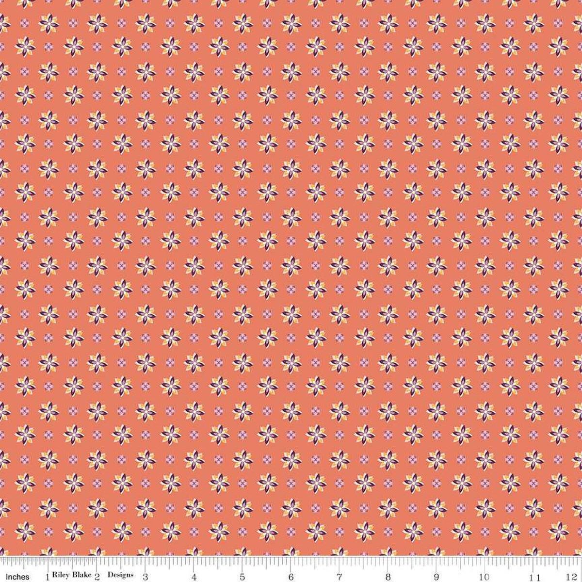 Image of Juju's Petals Calico Orange quilting cotton fabric by Judi Madsen for Riley Blake Designs. Features flowers on an orange background. Cute Little Fabric Shop