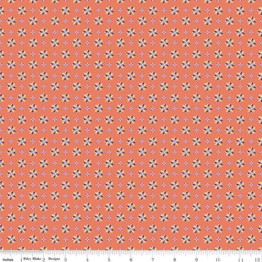 Image of Juju's Petals Calico Orange quilting cotton fabric by Judi Madsen for Riley Blake Designs. Features flowers on an orange background. Cute Little Fabric Shop