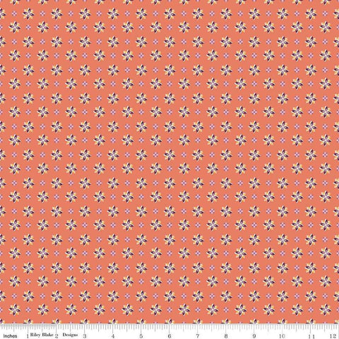 Image of Juju&#39;s Petals Calico Orange quilting cotton fabric by Judi Madsen for Riley Blake Designs. Features flowers on an orange background. Cute Little Fabric Shop