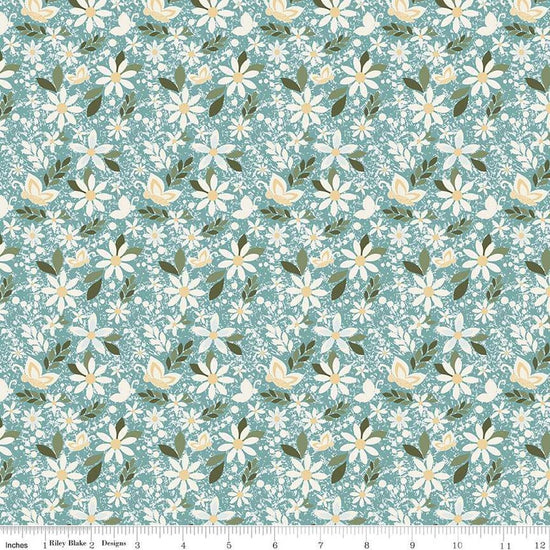 Image of Juju's Petals Dance Teal quilting cotton fabric by Judi Madsen for Riley Blake Designs. Features flowers on a blue background. Cute Little Fabric Shop