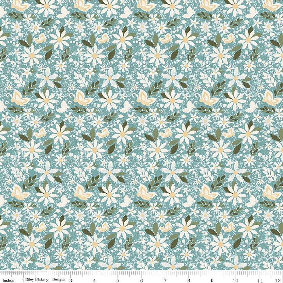 Image of Juju's Petals Dance Teal quilting cotton fabric by Judi Madsen for Riley Blake Designs. Features flowers on a blue background. Cute Little Fabric Shop
