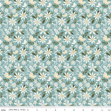 Image of Juju's Petals Dance Teal quilting cotton fabric by Judi Madsen for Riley Blake Designs. Features flowers on a blue background. Cute Little Fabric Shop