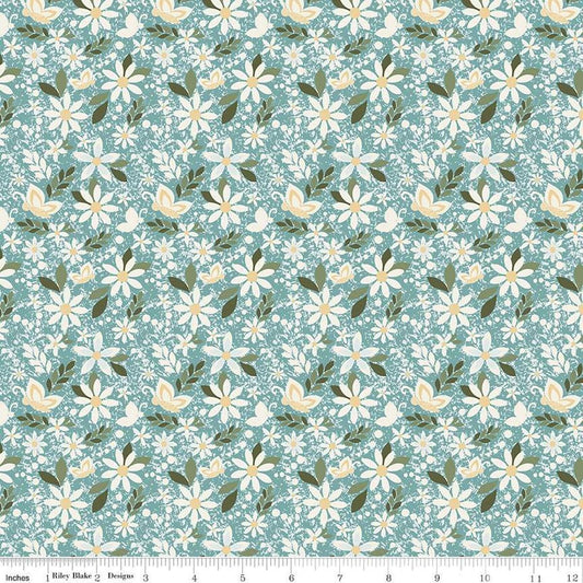 Image of Juju's Petals Dance Teal quilting cotton fabric by Judi Madsen for Riley Blake Designs. Features flowers on a blue background. Cute Little Fabric Shop