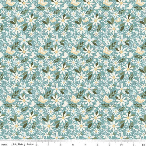 Image of Juju&#39;s Petals Dance Teal quilting cotton fabric by Judi Madsen for Riley Blake Designs. Features flowers on a blue background. Cute Little Fabric Shop