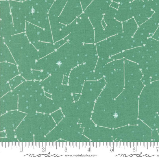 Image of the 321 Blast Off Constellation Neptune quilting cotton fabric by Moda Fabrics. Features stars on a green background. Cute Little Fabric Shop
