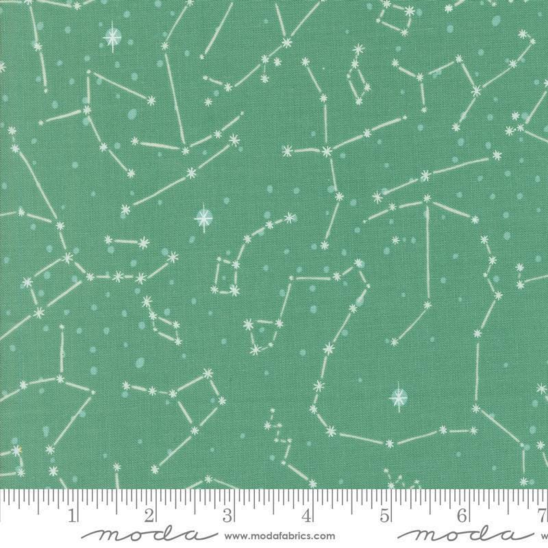 Image of the 321 Blast Off Constellation Neptune quilting cotton fabric by Moda Fabrics. Features stars on a green background. Cute Little Fabric Shop
