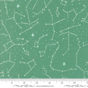 Image of the 321 Blast Off Constellation Neptune quilting cotton fabric by Moda Fabrics. Features stars on a green background. Cute Little Fabric Shop