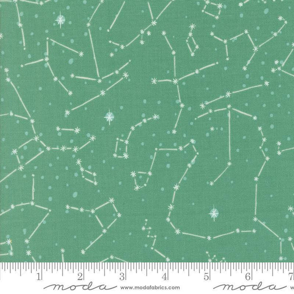 Image of the 321 Blast Off Constellation Neptune quilting cotton fabric by Moda Fabrics. Features stars on a green background. Cute Little Fabric Shop
