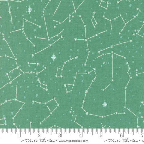 Image of the 321 Blast Off Constellation Neptune quilting cotton fabric by Moda Fabrics. Features stars on a green background. Cute Little Fabric Shop