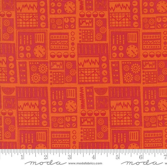 Image of the 321 Blast Off Dashboard Mars quilting cotton fabric by Moda Fabrics. Features vintage radios on a red background. Cute Little Fabric Shop