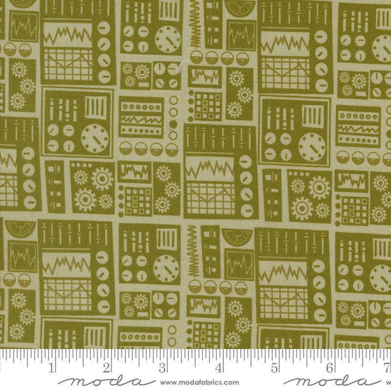 Image of the 321 Blast Off Dashboard Earth quilting cotton fabric by Moda Fabrics. Features vintage radios on a green background. Cute Little Fabric Shop