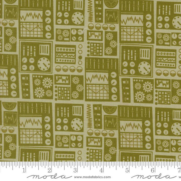Image of the 321 Blast Off Dashboard Earth quilting cotton fabric by Moda Fabrics. Features vintage radios on a green background. Cute Little Fabric Shop