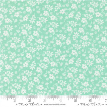 Image of Delightfully Yours Blossoms Aqua quilting cotton fabric by Sherri & Chelsi for Moda Fabrics. Features flowers on a blue background. Cute Little Fabric Shop