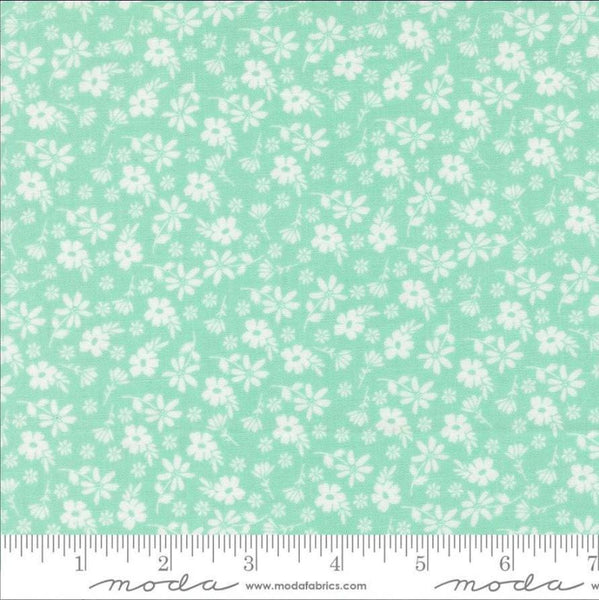 Image of Delightfully Yours Blossoms Aqua quilting cotton fabric by Sherri & Chelsi for Moda Fabrics. Features flowers on a blue background. Cute Little Fabric Shop