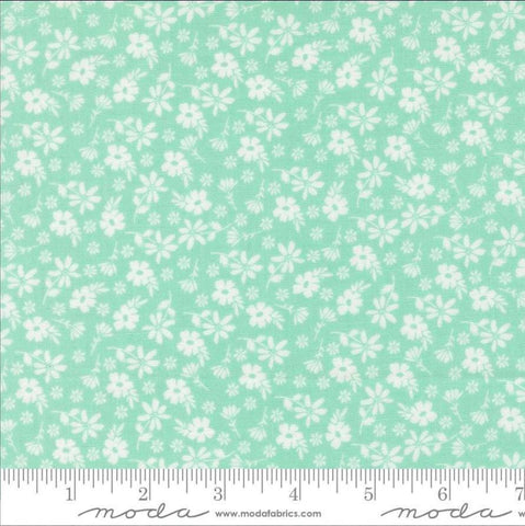 Image of Delightfully Yours Blossoms Aqua quilting cotton fabric by Sherri & Chelsi for Moda Fabrics. Features flowers on a blue background. Cute Little Fabric Shop