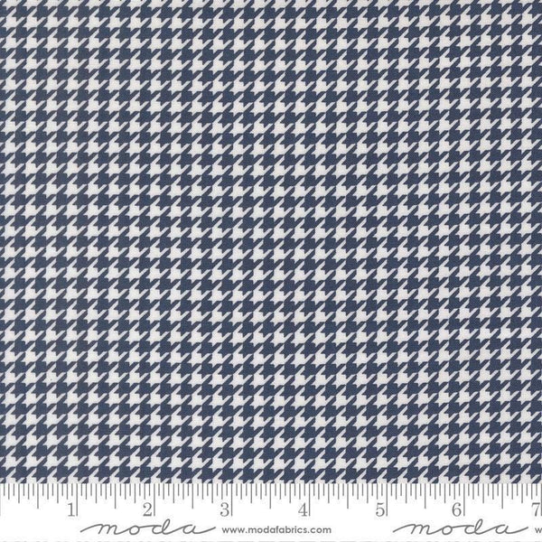 Image of Delightfully Yours Checks Navy quilting cotton fabric by Sherri & Chelsi for Moda Fabrics. Features houndstooth on a blue background. Cute Little Fabric Shop