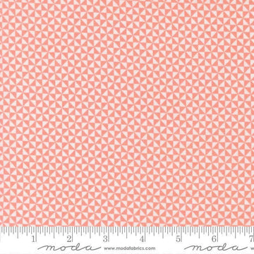 Image of Delightfully Yours Pinwheel Carnation quilting cotton fabric by Sherri & Chelsi for Moda Fabrics. Features triangles on a red background. Cute Little Fabric Shop