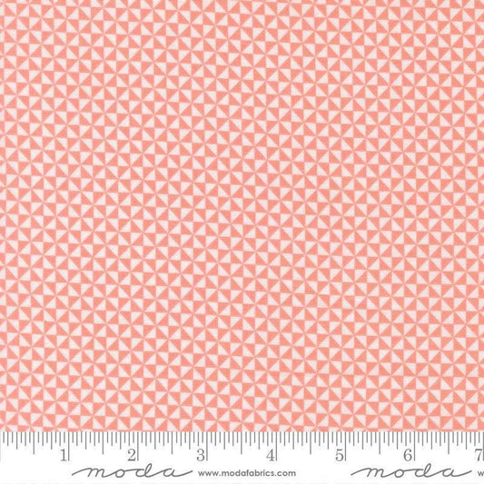 Image of Delightfully Yours Pinwheel Carnation quilting cotton fabric by Sherri & Chelsi for Moda Fabrics. Features triangles on a red background. Cute Little Fabric Shop