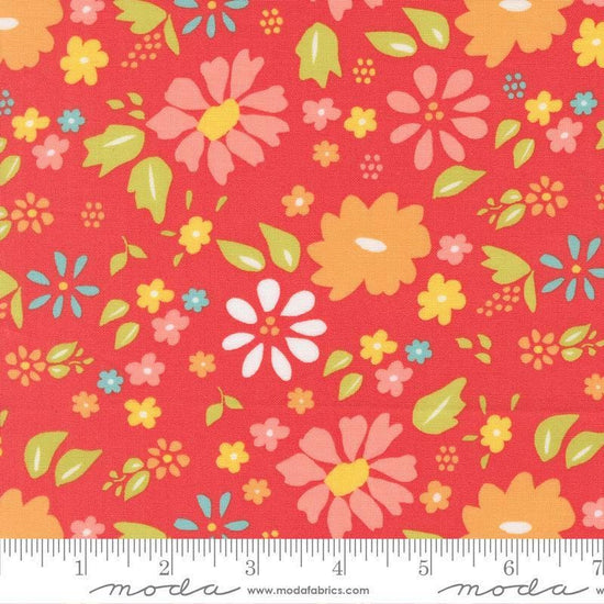 Image of Delightfully Yours Floral Geranium quilting cotton fabric by Sherri & Chelsi for Moda Fabrics. Features flowers on a red background. Cute Little Fabric Shop