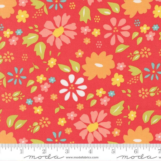 Image of Delightfully Yours Floral Geranium quilting cotton fabric by Sherri & Chelsi for Moda Fabrics. Features flowers on a red background. Cute Little Fabric Shop