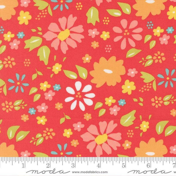 Image of Delightfully Yours Floral Geranium quilting cotton fabric by Sherri & Chelsi for Moda Fabrics. Features flowers on a red background. Cute Little Fabric Shop