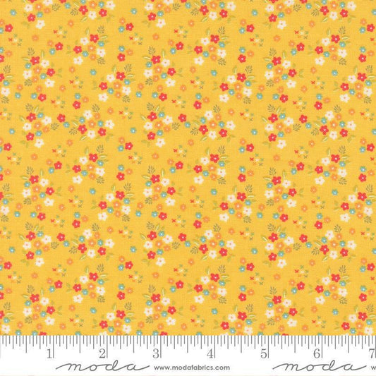 Image of Delightfully Yours Posie Buttercup quilting cotton fabric by Sherri & Chelsi for Moda Fabrics. Features flowers on a yellow background. Cute Little Fabric Shop