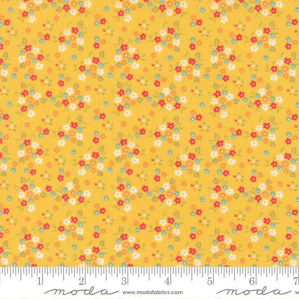 Image of Delightfully Yours Posie Buttercup quilting cotton fabric by Sherri & Chelsi for Moda Fabrics. Features flowers on a yellow background. Cute Little Fabric Shop