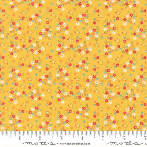 Image of Delightfully Yours Posie Buttercup quilting cotton fabric by Sherri & Chelsi for Moda Fabrics. Features flowers on a yellow background. Cute Little Fabric Shop